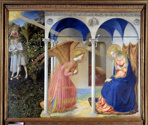 Die Verkündigung (im Hintergrund, Adam und Eva aus dem Paradies vertrieben), ca. 1445