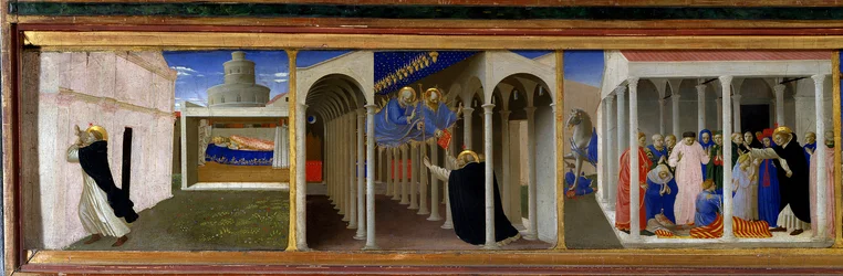 Von links nach rechts, St. Dominikus (1170-1221) und Papst Innozenz III. (1160-1216), Erscheinung von St. Peter und St. Paul zu St. Dominikus, und eine Szene der wundersamen Auferstehung durch den Heiligen. Linker Teil der Predella des Altars