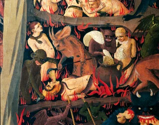 Hölle mit Dämonen, die Gierige bestrafen (Detail vom Jüngsten Gericht)