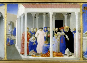 Die Heilige Dominica (1170 - 1221) erweckt Napoleone Orsini zum Leben, der untere Teil (die Predella) der „Krönung der Jungfrau“ zeigt Christus am Grab und sechs Episoden aus dem Leben der Heiligen Dominica, Gründerin des Ordens, zu dem der Angelicode gehö