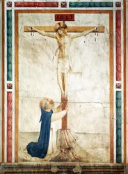 St. Dominikus verehrt das Kruzifix von Giovanni da Fiesole, bekannt als Fra Angelico (ca. 1400-1455), Fresko, Korridor des Klosters St. Markus, Florenz