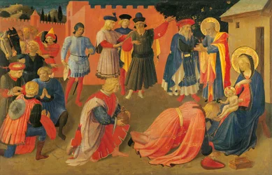 Die Anbetung der Könige, Detail aus dem zentralen Panel der Predella, Tabernakel der Leinenweber