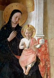 Die Madonna der Schatten. Detail, der Heiligenschein Jesu Christi ist mit einem Kreuz gekennzeichnet (ca. 1438-1446)