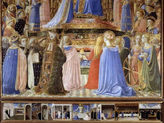 Die Krönung der Jungfrau. Detail mit Heiligen und musizierenden Engeln. Unten die Geschichte des heiligen Dominikus: die Erscheinung des heiligen Petrus und des heiligen Paulus vor dem heiligen Dominikus, der heilige Dominikus erweckt Napoleone Orsini