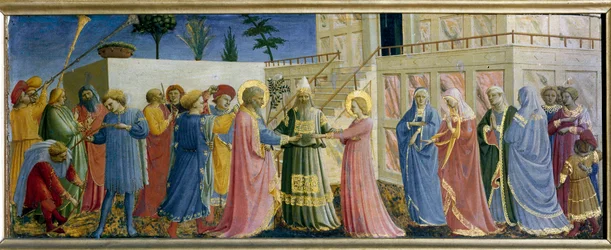 Die Hochzeit der Jungfrau Predelle. Gemälde auf Holz von Guido di Pietro (oder Fra Giovanni da Fiesole) genannt Fra Angelico oder il Beato (1400-1455)