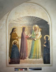 Die Darstellung Christi im Tempel. Der heilige Petrus, Märtyrer, und die dominikanische Nonne Villana beobachten die biblische Szene. Fresko von Guido di Pietro