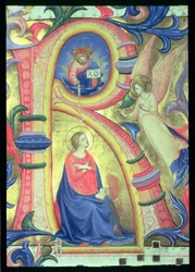 Ms 558 f.33v Die Verkündigung, Detail (Initiale R) aus einem Missale