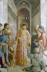 Der heilige Laurentius gibt Almosen an die Armen, Mitte des 15. Jahrhunderts