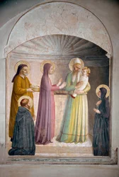 Die Darstellung Christi im Tempel. Der heilige Petrus, Märtyrer, und die Dominikanernonne Villana beobachten die biblische Szene. Fresko von Guido di Pietro