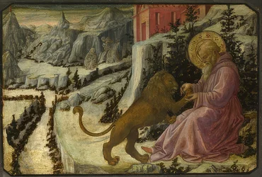 Der Heilige Hieronymus und der Löwe (Predella des Altarbildes der Santa Trinità von Pistoia)