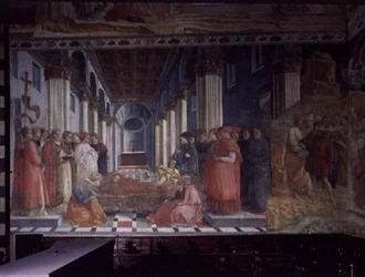 Die Feier der Reliquien des Hl. Stephanus (zeigt einen Teil des Martyriums des Hl. Stephanus), 1452-66