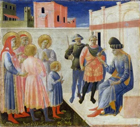 Die Heiligen Cosmas und Damian mit ihren Brüdern vor dem Prokonsul Lysias