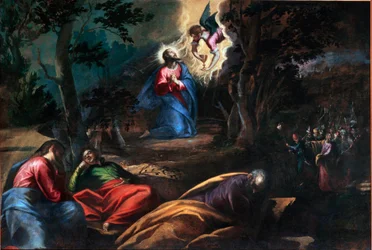 Das Gebet im Garten der Olivenbäume. Rechts kommt Judas mit den Soldaten, um Jesus Christus zu verhaften. Gemälde von Francesco Bassano dem Jüngeren (ca. 1549-1592) Venedig, Chiesa del Redentore, Italien