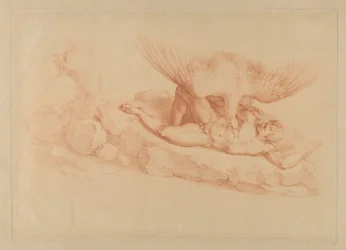 Prometheus, nackt, an einen Felsen gekettet, blickt zu einem Adler auf, der über ihm steht