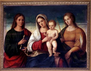 Jungfrau mit Kind, umgeben von St. Johannes dem Evangelisten und St. Katharina von Alexandria