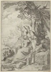 Maria stillt das Christuskind in einer Landschaft