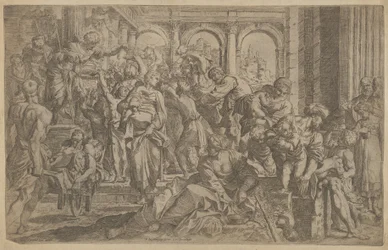 Der heilige Rochus verteilt Almosen an eine Gruppe von Menschen, ca. 1607