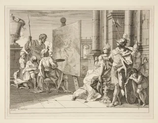 Apelles malt Campaspe, die Geliebte von Alexander dem Großen, eine von acht Drucken (Varii Baccanali et istorie)