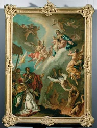 Papst Gregor I. und der heilige Vitalis bitten die Madonna um Fürsprache für die Seelen im Fegefeuer