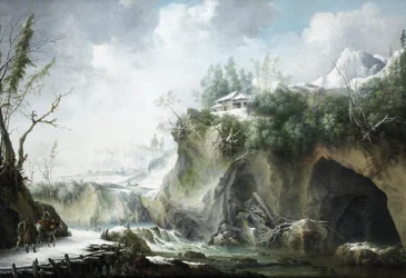Eine Flusslandschaft im Winter, mit Reisenden auf einem verschneiten Pfad