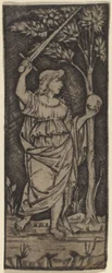 Allegorische Figur: Frau mit Schwert und Kugel