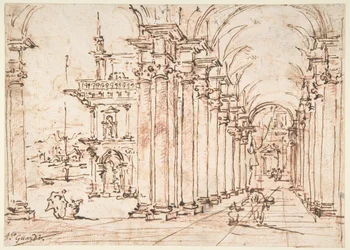 Architektonische Capriccio: Gewölbte Kolonnade eines Palastes
