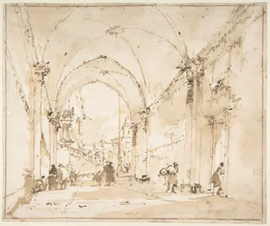 Architektonisches Capriccio: Gewölbter Durchgang, der zu einem Platz führt