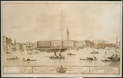 Panorama von Venedig vom Bacino di San Marco aus, einschließlich des Entwurfs für das geplante Teatro Manin