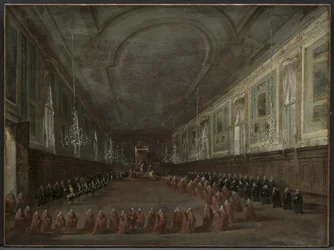 Papst Pius VI. verlässt den Thron, um sich vom Dogen in der Halle von SS. Giovanni e Paolo zu verabschieden, 1782