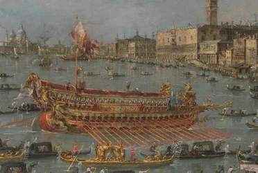 Das Bucintoro-Fest in Venedig. Das Bacino di S. Marco mit dem Bucintoro, der Staatsbarke des Dogen, am Himmelfahrtstag (Detail)