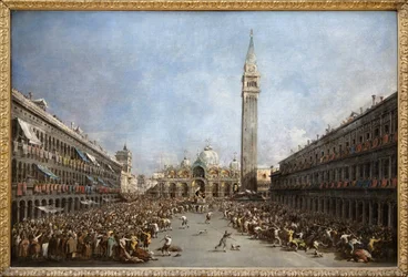 Der Doge von Venedig wird nach seiner Wahl von den Gondolieri auf den Markusplatz getragen (Blick auf die Basilika San Marco und den Glockenturm), Ölmalerei von Francesco Guardi (1712-1792). Fotografie, KIM Youngtae, Grenoble, Musée de Grenoble.