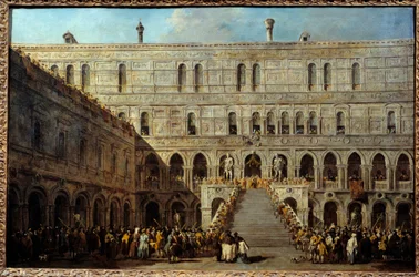 Die Krönung des Dogen von Venedig auf der Gigantentreppe im Dogenpalast, zwischen 1766 und 1770. 0,67 x 1,01 m.