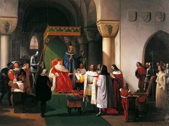 Filippo Maria Visconti, Herzog von Mailand, gibt die Krone an die Könige von Aragon und Navarra zurück, gefangen genommen von den Genuesen