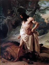 Samson betrachtet den Löwen, den er gerade mit bloßen Händen getötet hat