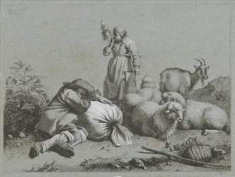 Hirte und Hirtin mit Schafen und Ziege (Hirtenszenen)