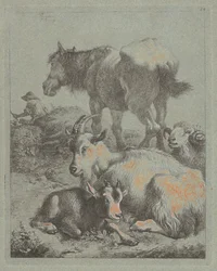 Pferd, Widder, Ziege mit Kitz; Im Hintergrund ein Hirte mit Herde