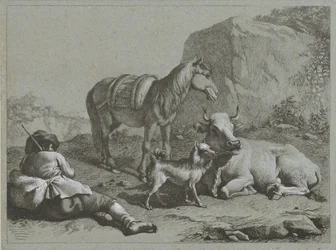 Liegender Hirte mit Pferd, Kuh und Hund