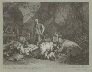 Alter, kahlköpfiger Schäfer, sitzender Schäferjunge und Herde