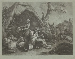 Sitzender alter Mann und Frau mit einem Korb Eier, 1759-1782