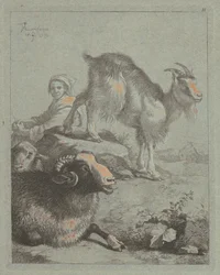 Sitzende Schäferin, ein Widder, ein Schaf und eine Ziege
