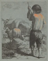 Hirte mit Esel, Schaf und Ziege