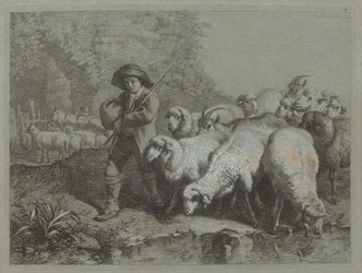 Hirte mit einem Sack, der eine Herde treibt, 1763