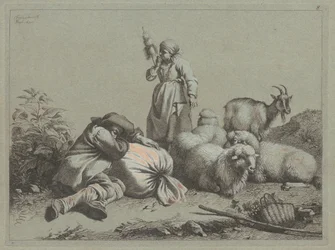 Schlafender Bauer und stehende Spinnerin