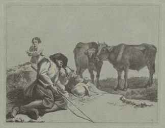Schlafender Hirte, zwei Kälber und eine Bäuerin, 1762-1763