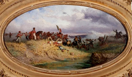 Risorgimento: „Der italienische Patriot Giuseppe Garibaldi überquert den Fluss Volturno“. Szene der Schlacht am Volturno während des Zugs der Tausend (oder Rothemden) im Oktober 1860. (1830-1905). Neapel, Museo Nazionale