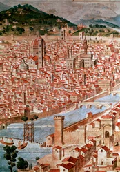 Pianta della Catena. Detail eines Stadtplans von Florenz, der wegen seines kettenförmigen Rahmens „Catena“ genannt wird. 1490 von Francesco di Lorenzo Rosselli (1448-1513) geschaffen. Florenz, Museo Firenze com