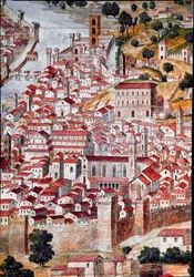 Pianta della Catena. Detail einer Karte der Stadt Florenz, die wegen ihres kettenförmigen Rahmens „Catena“ genannt wird. 1490. Florenz, Museo Firenze com