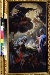 Der Tod von Joseph. Darstellung der Heiligen Dreifaltigkeit: Jesus Christus, Gott und die Taube des Heiligen Geistes.