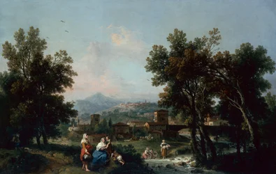 Waldlandschaft mit Wäscherinnen an einem Fluss
