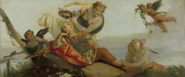 Der schlafende Rinaldo, von Armida mit Blumen gekrönt